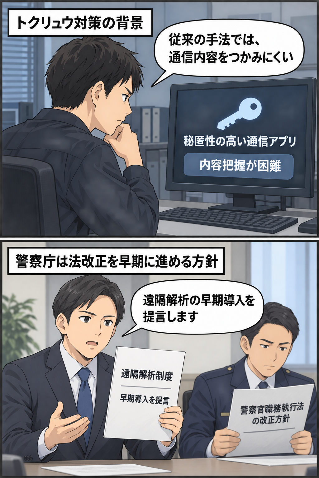 秘匿性の高い通信アプリによる捜査上の課題と、有識者会議が遠隔解析制度の早期導入を提言し、警察庁が法改正を進める方針を示した流れを描く2コマ漫画。