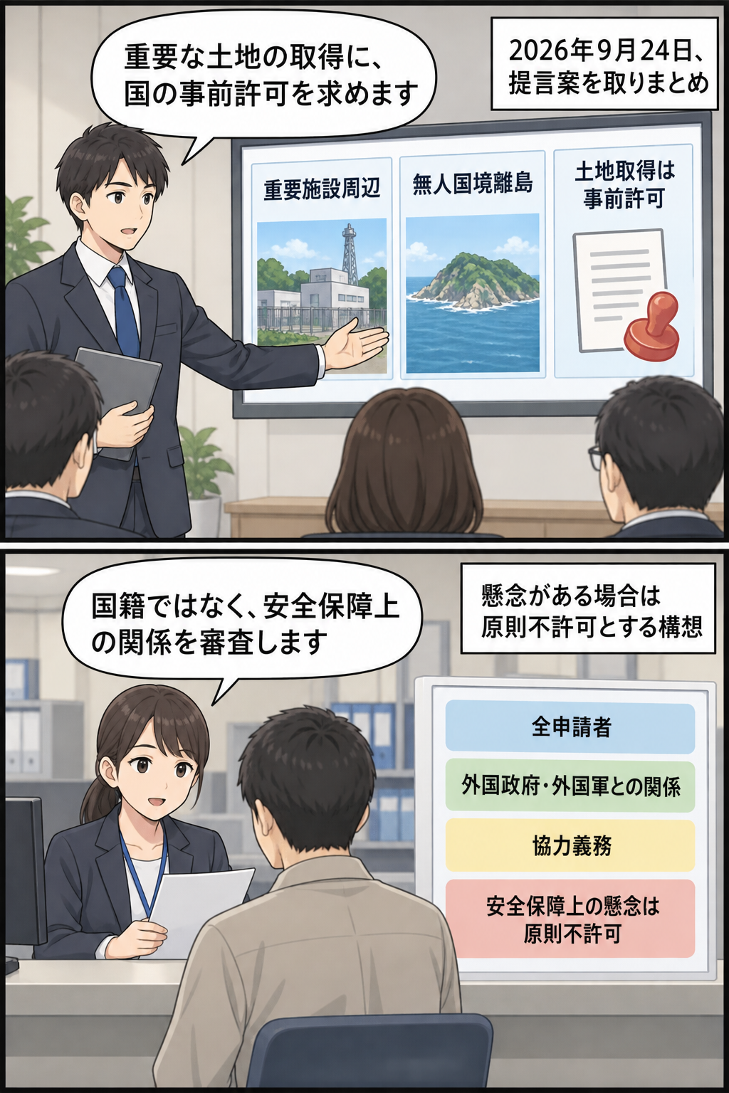 与党の政策作業チームが、安全保障上重要な施設周辺と無人国境離島の土地取得を事前許可制とし、国籍を問わず安全保障上の関係を審査する提言案を説明する2コマ漫画。