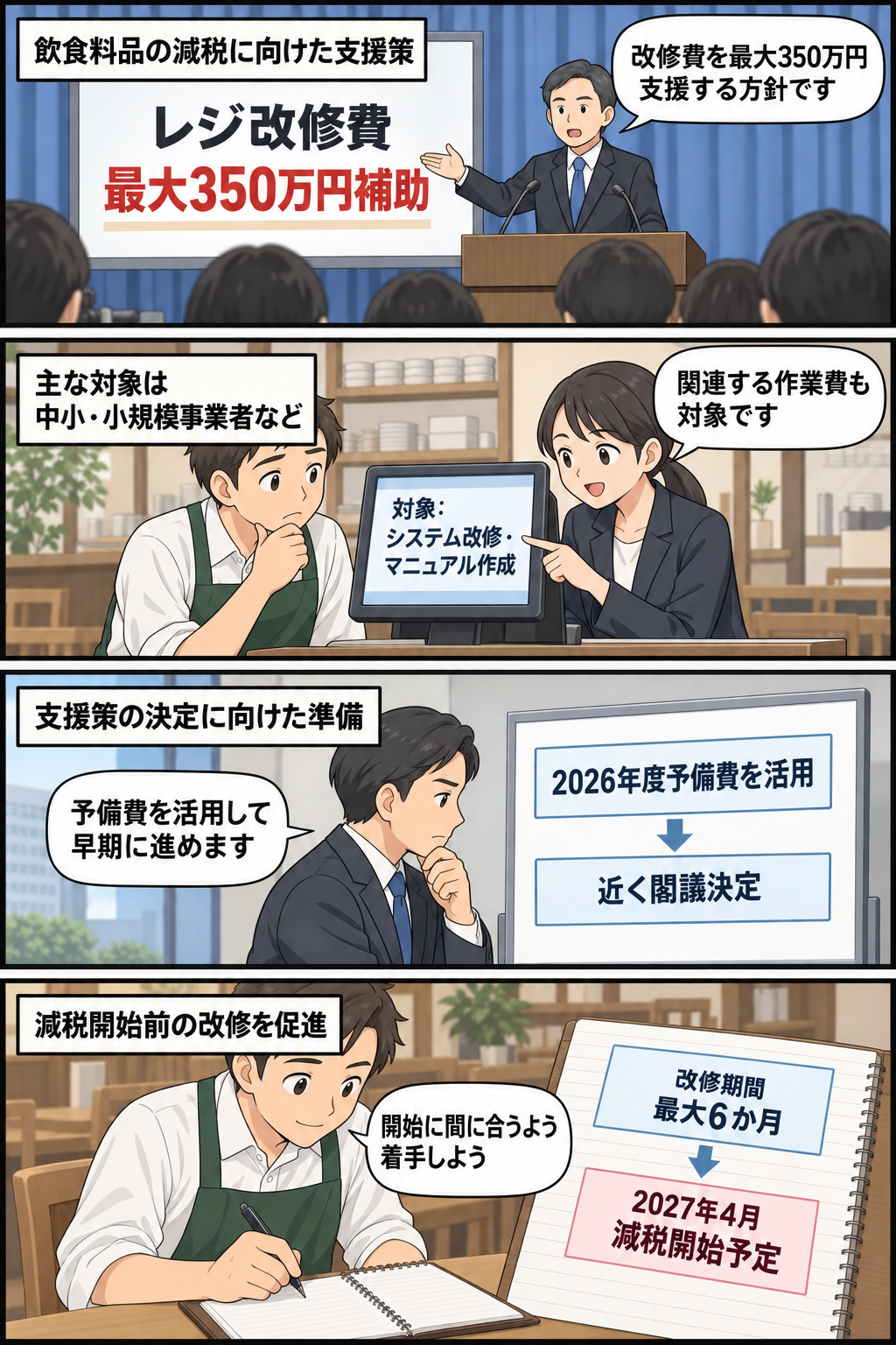 政府の補助方針を受け、中小規模の店が2027年4月の飲食料品減税に向けてレジ改修の準備を進める流れを描いた4コマ漫画。