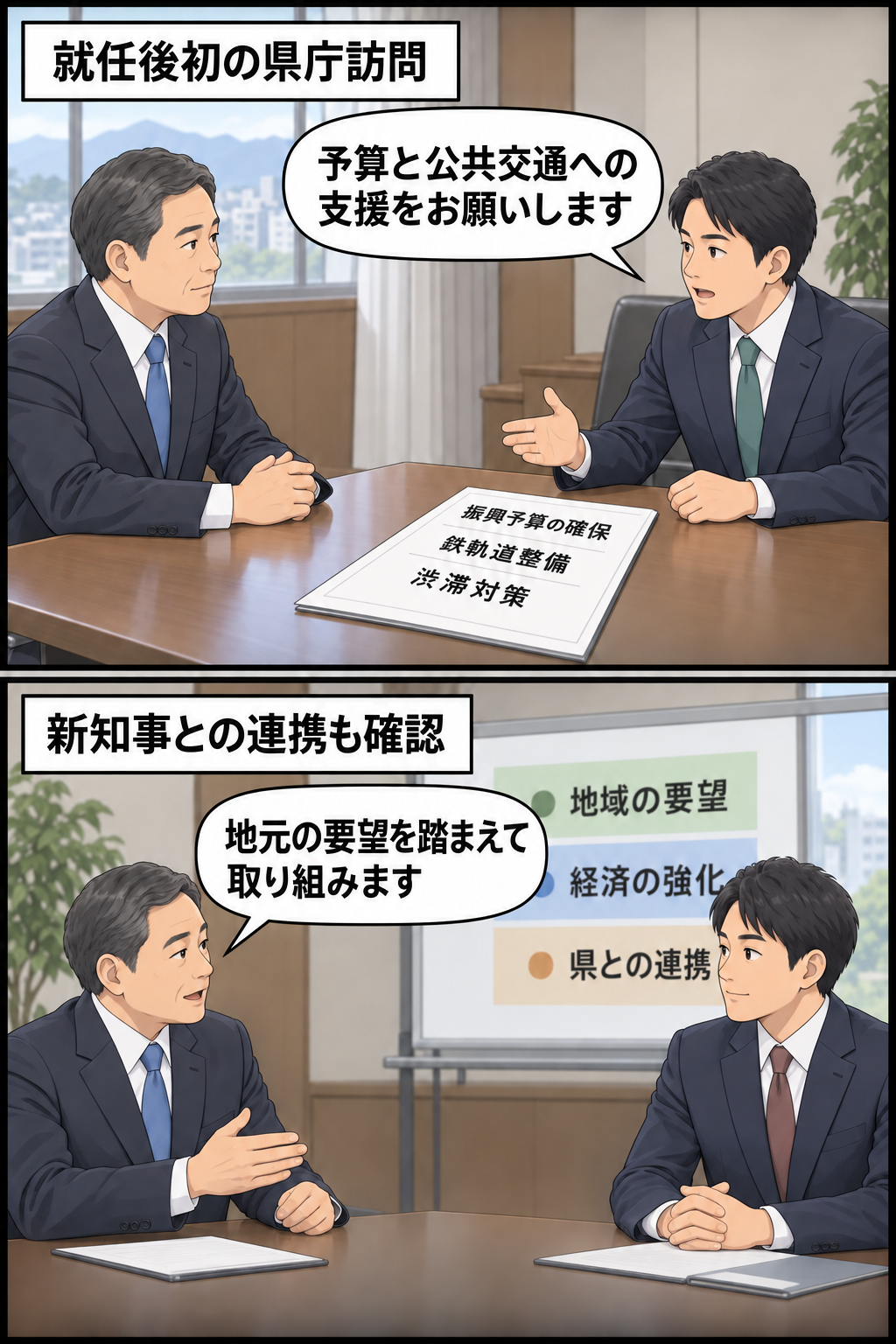 県庁を訪れた男性の担当相風キャラが、男性の現職知事風キャラから振興予算と公共交通への支援要請を受け、続いて男性の新知事風キャラと地域経済の強化に向けた連携を確認する2コマ漫画。