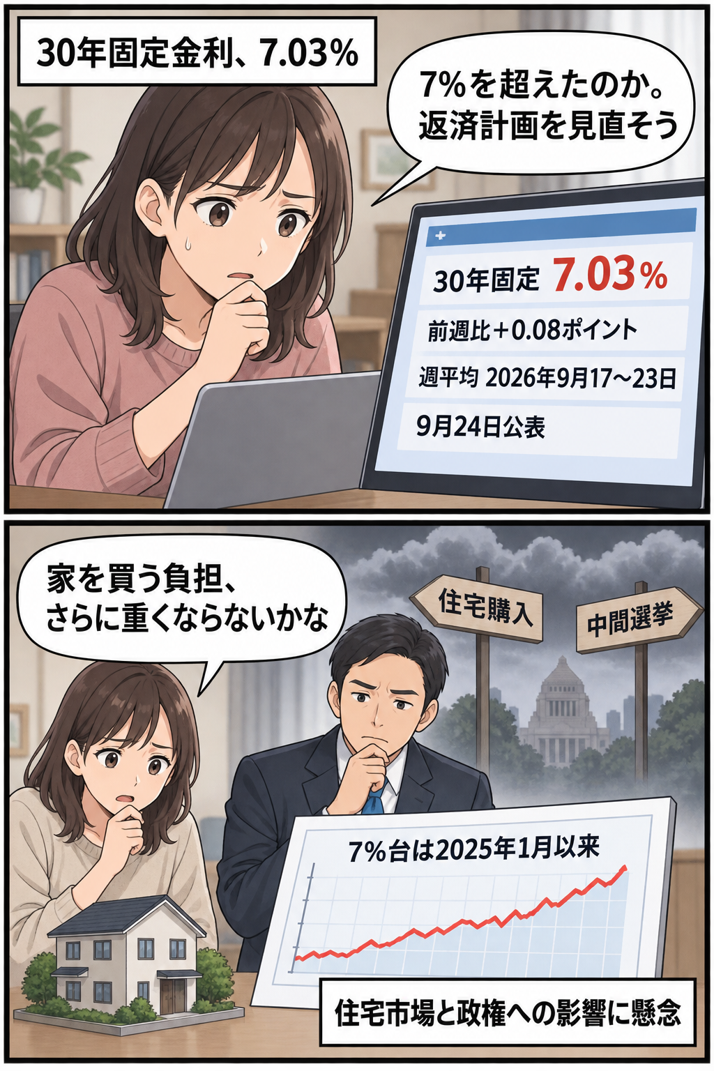 住宅ローン金利7.03％の公表を確認する住宅購入検討者と、購入負担や政権への影響を慎重に見つめる生活者を描いた2コマ漫画。