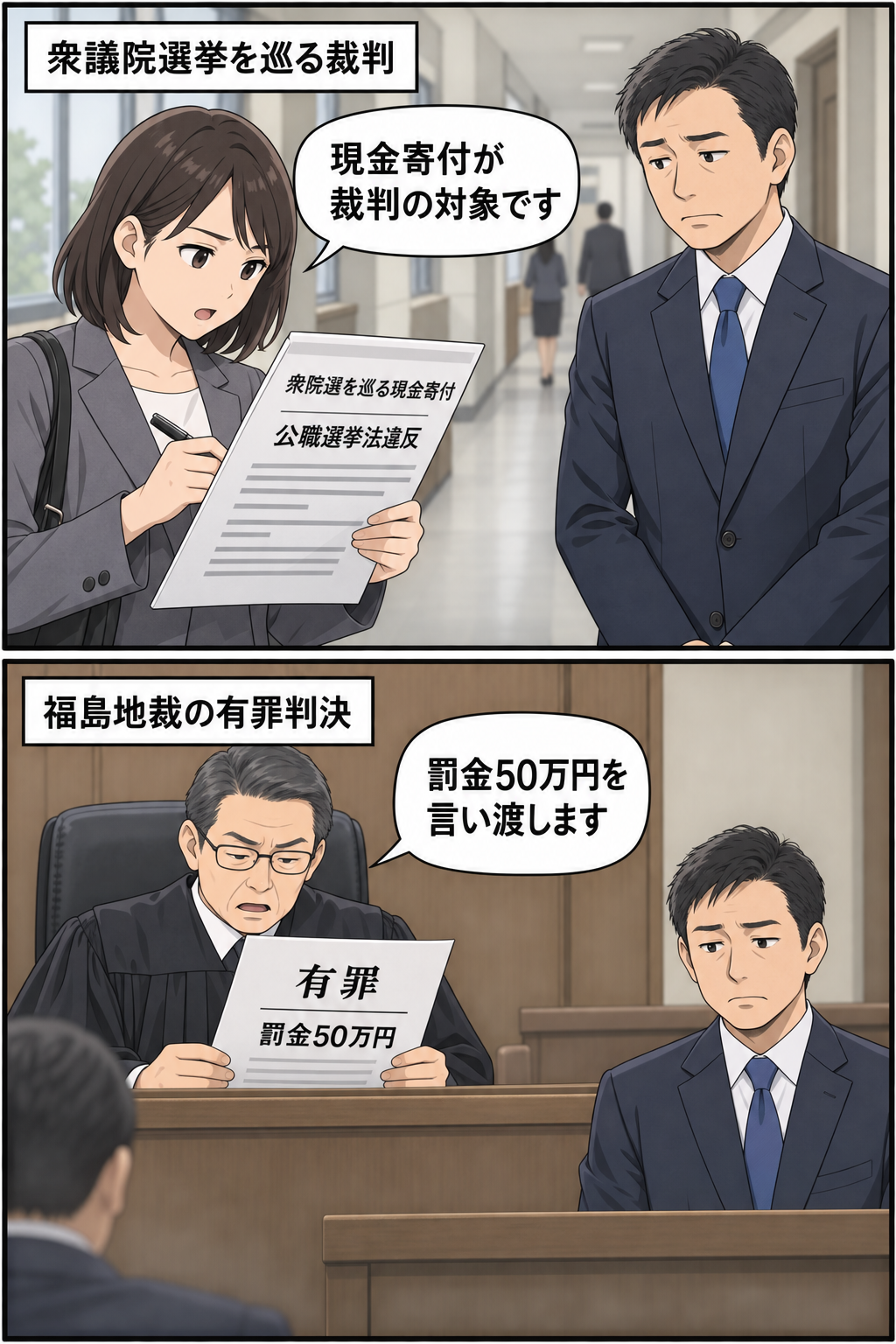 衆議院選挙を巡る現金寄付が裁判の対象となり、福島地裁が元衆院議員に罰金50万円の有罪判決を言い渡した流れを描く二コマ漫画。