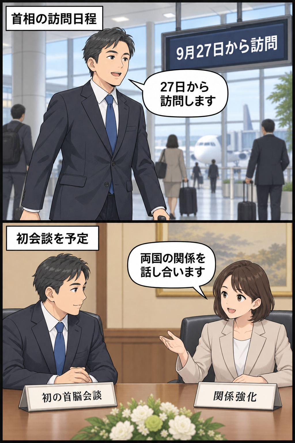 訪問国の男性首相風キャラが9月27日から受け入れ国を訪れ、受け入れ国の女性首相風キャラと初の首脳会談に臨む予定を中立的に描いた2コマ漫画。