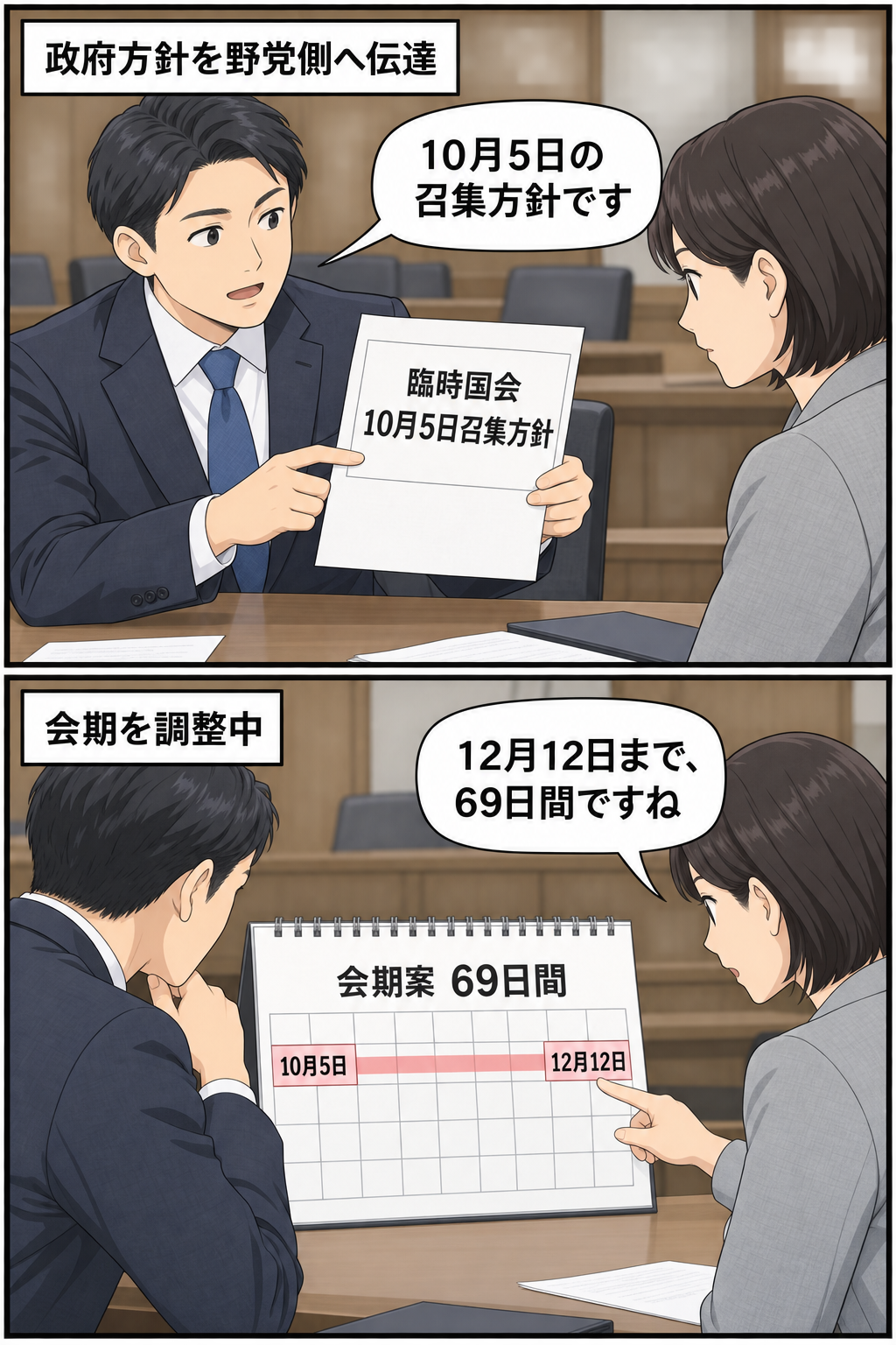 与党側の担当者が臨時国会を10月5日に召集する政府方針を野党側へ伝え、続いてカレンダーで12月12日までの69日間という会期案を確認する2コマ漫画。