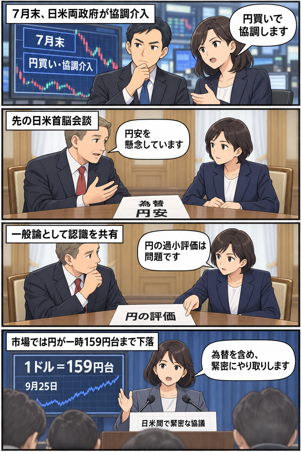 7月末の日米協調介入から、首脳会談で示された円安への懸念と円の過小評価への問題意識、9月25日の1ドル159円台と継続協議までを中立的に描く4コマ漫画。