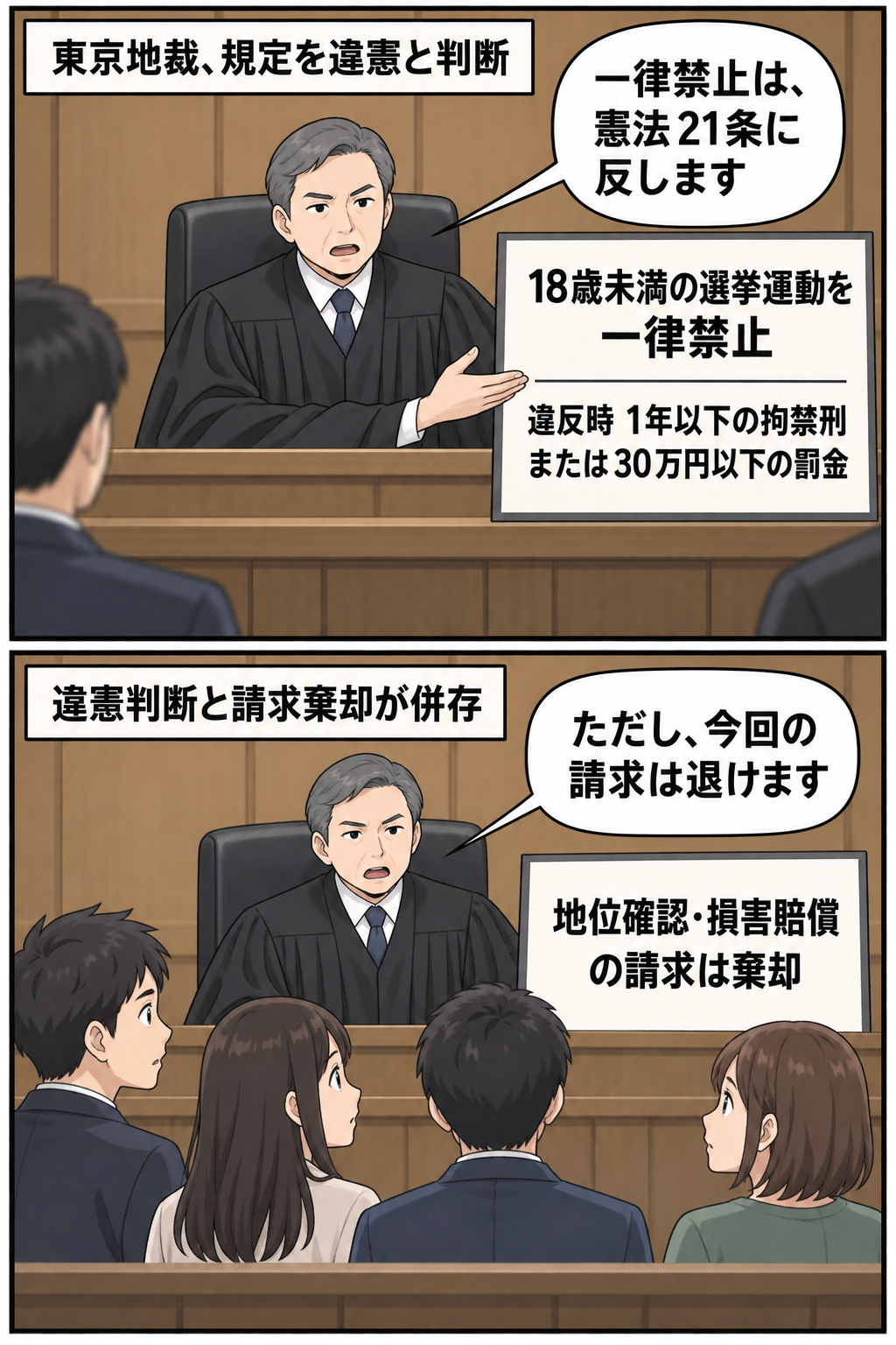 東京地裁が18歳未満の選挙運動を一律に禁じる規定を違憲と判断する一方、原告4人の請求を退けたことを描く2コマ漫画。
