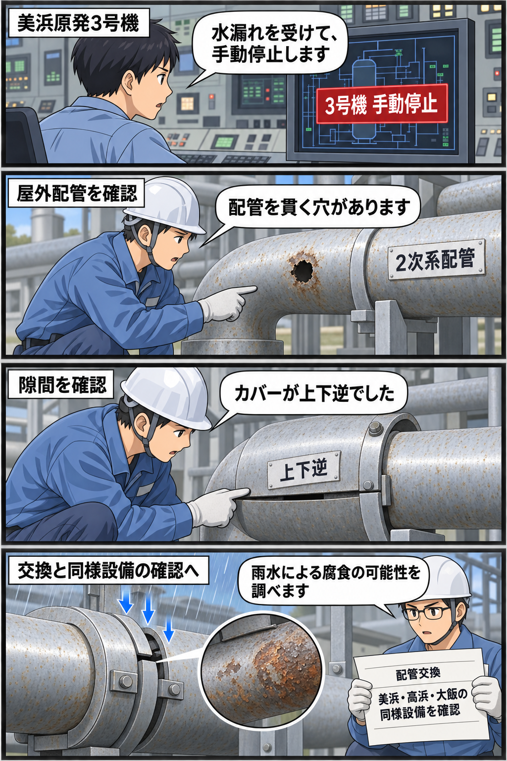 美浜原発3号機の手動停止から、2次系配管の穴、逆向きに取り付けられたカバー、雨水による腐食の可能性と点検方針までを順に描く4コマ漫画。