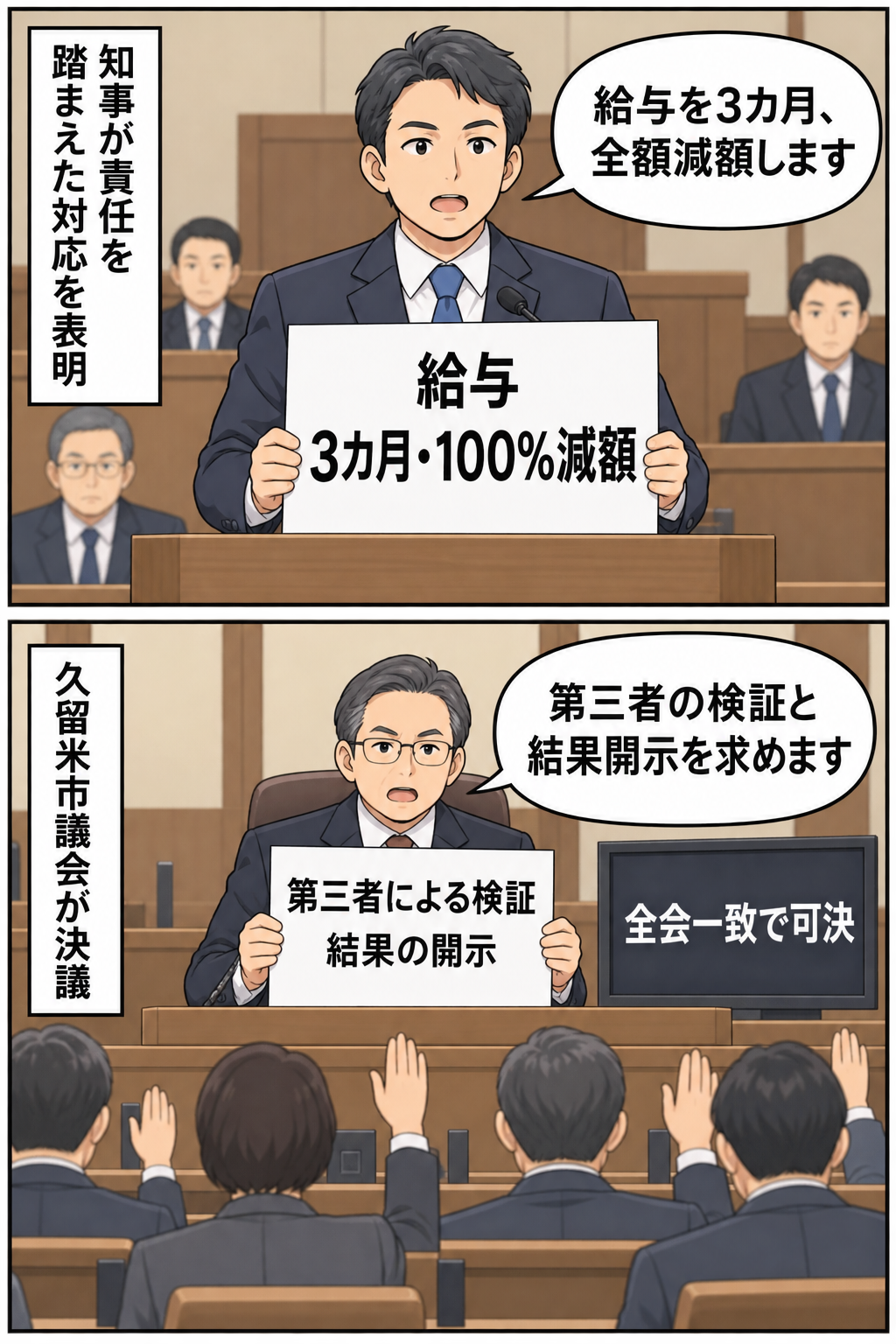 福岡県知事を表す一般化された男性キャラが給与の全額減額を表明し、続いて久留米市議会を表す議員たちが第三者による検証と結果開示を求める決議を可決する、事実中心の2コマ漫画。