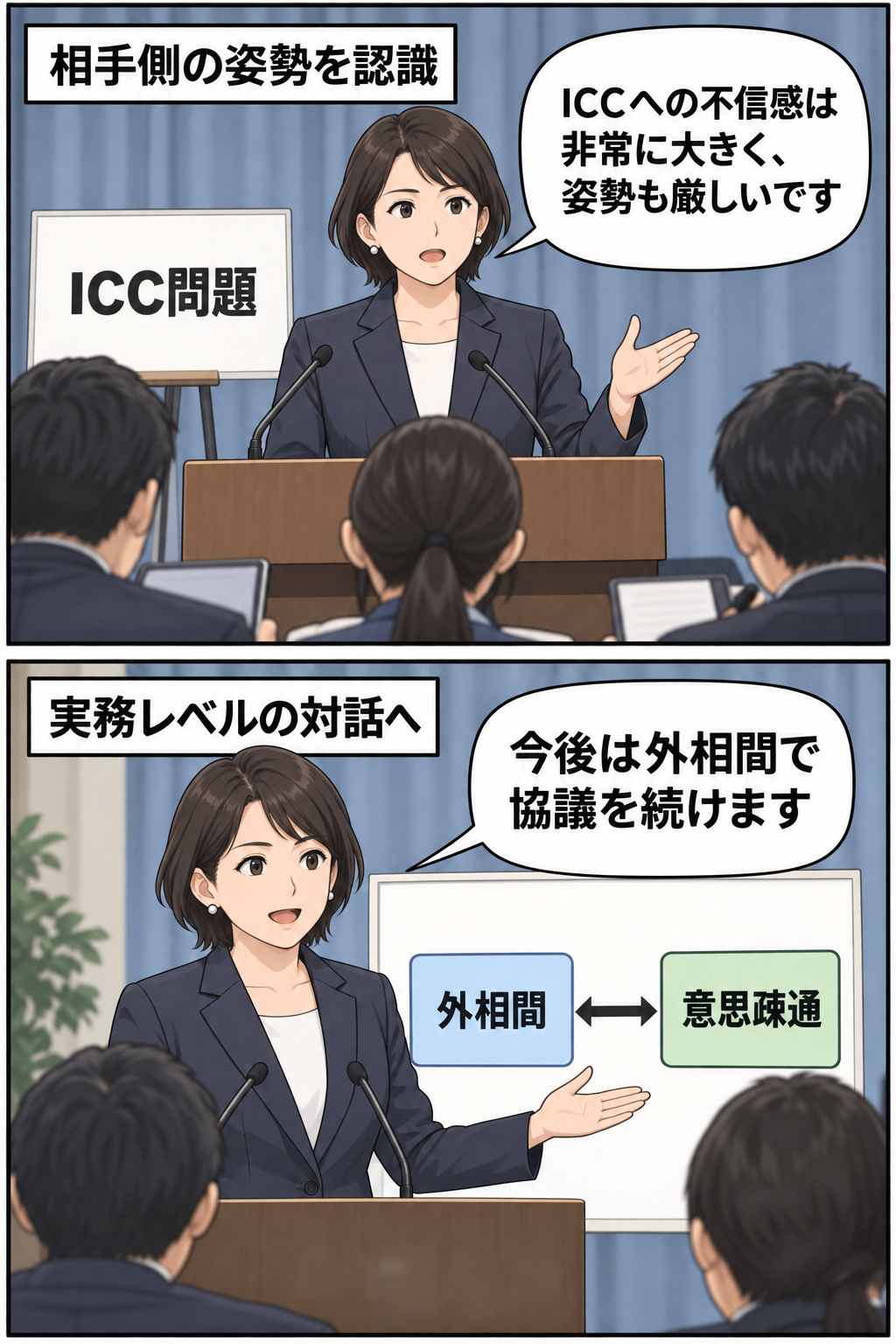 スーツ姿の女性の首相風キャラが、ICCへの強い不信感を認識したうえで、今後は二国間の外相同士で意思疎通を続ける方針を説明する2コマ漫画。