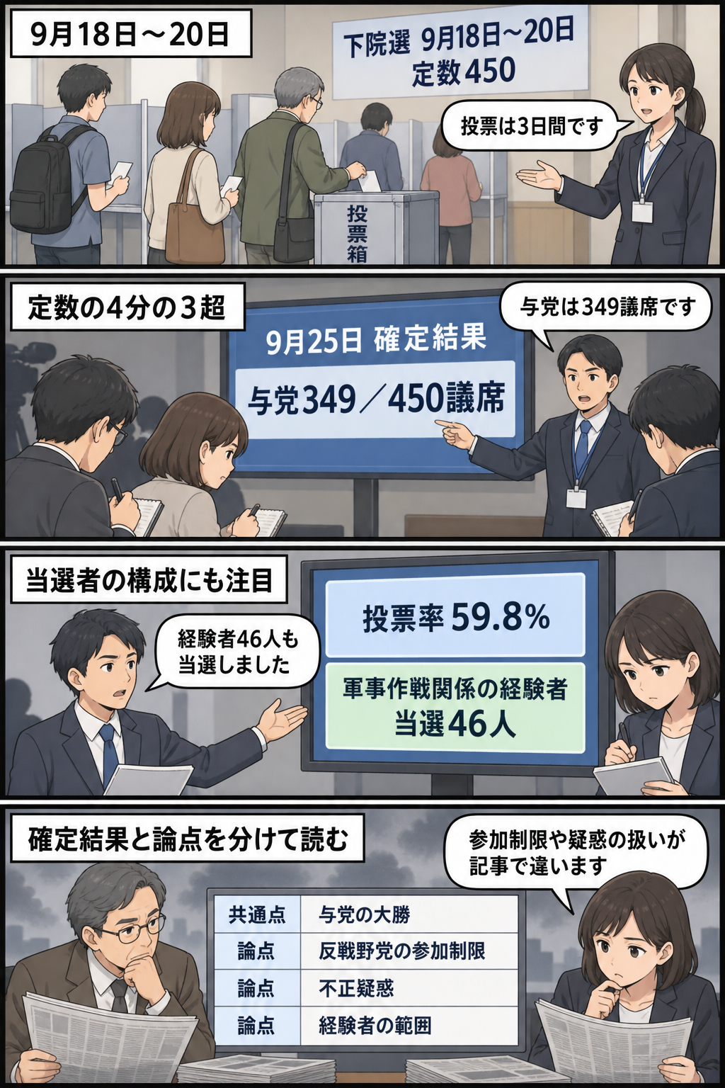 下院選の投票から確定結果の発表までをたどり、与党の349議席、投票率59.8％、軍事作戦関係の経験者46人の当選を示したうえで、選挙参加制限や不正疑惑をめぐる報道の論点を慎重に見つめる4コマ漫画。