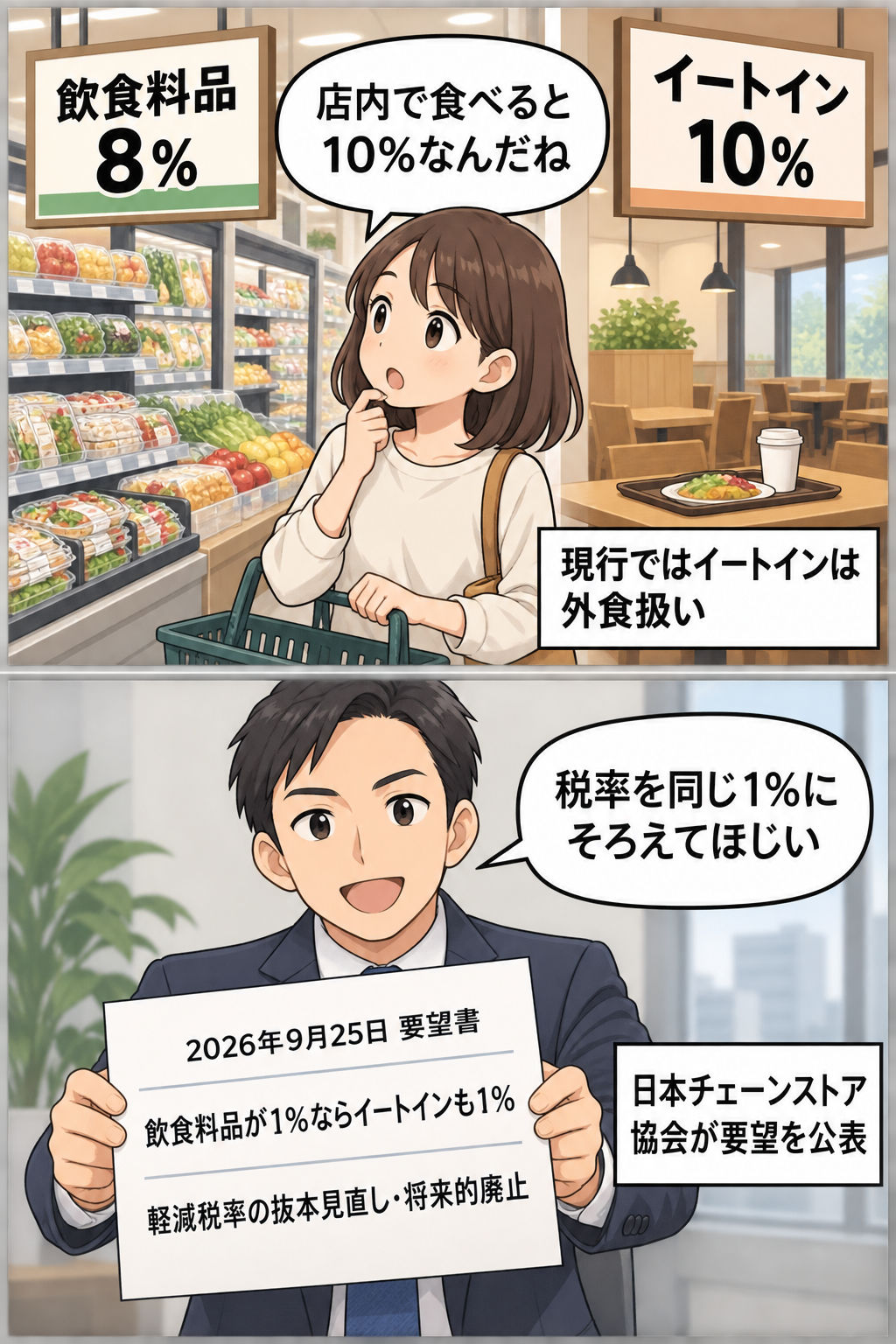 スーパーのイートインに現行10％が適用される状況と、飲食料品が1％になる場合はイートインも1％にそろえるようチェーンストア協会が求める場面を描いた2コマ漫画。