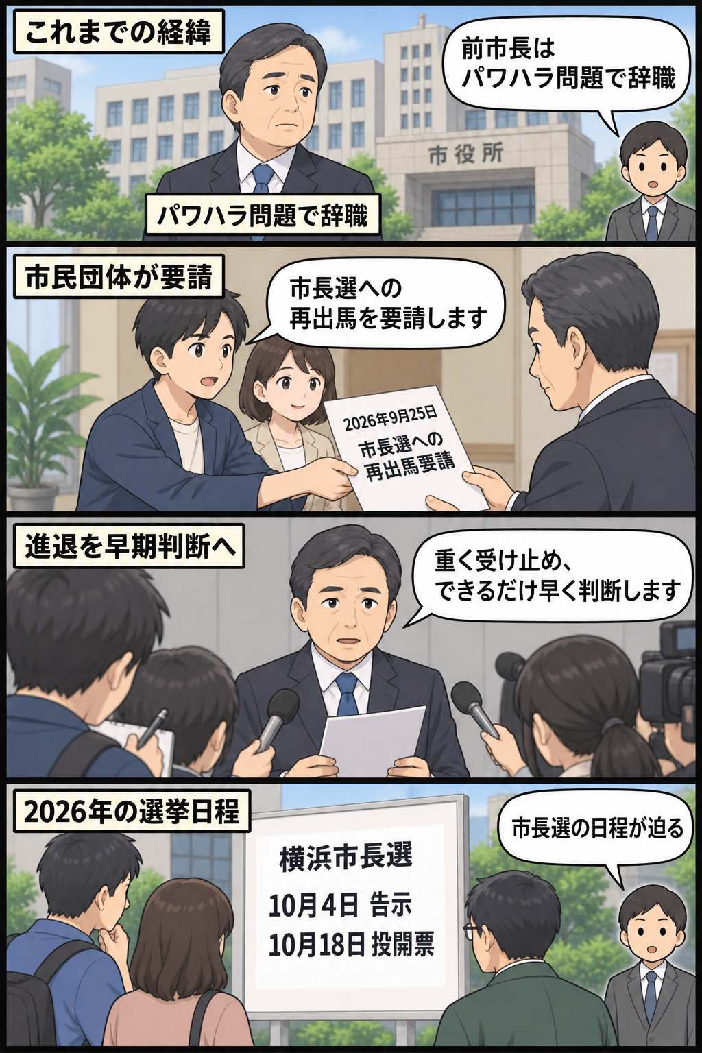 パワハラ問題で辞職した前市長風の男性キャラに市民団体が再出馬を要請し、本人が早期判断の意向を示すまでを、横浜市長選の日程とともに中立的に描いた4コマ漫画。