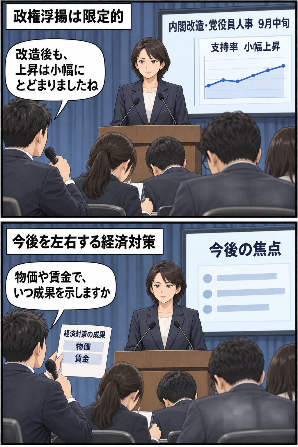 内閣改造後も支持率の上昇が小幅にとどまった状況と、経済対策の具体的な成果を問う報道陣を描いた中立的で批判的な二コマ漫画。