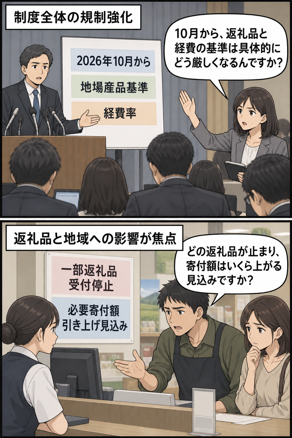ふるさと納税の規制強化を説明する制度担当者に記者が具体的な変更点を問い、続いて返礼品の受付停止と必要寄付額の引き上げを前に利用者と地域事業者が説明を求める2コマ漫画。