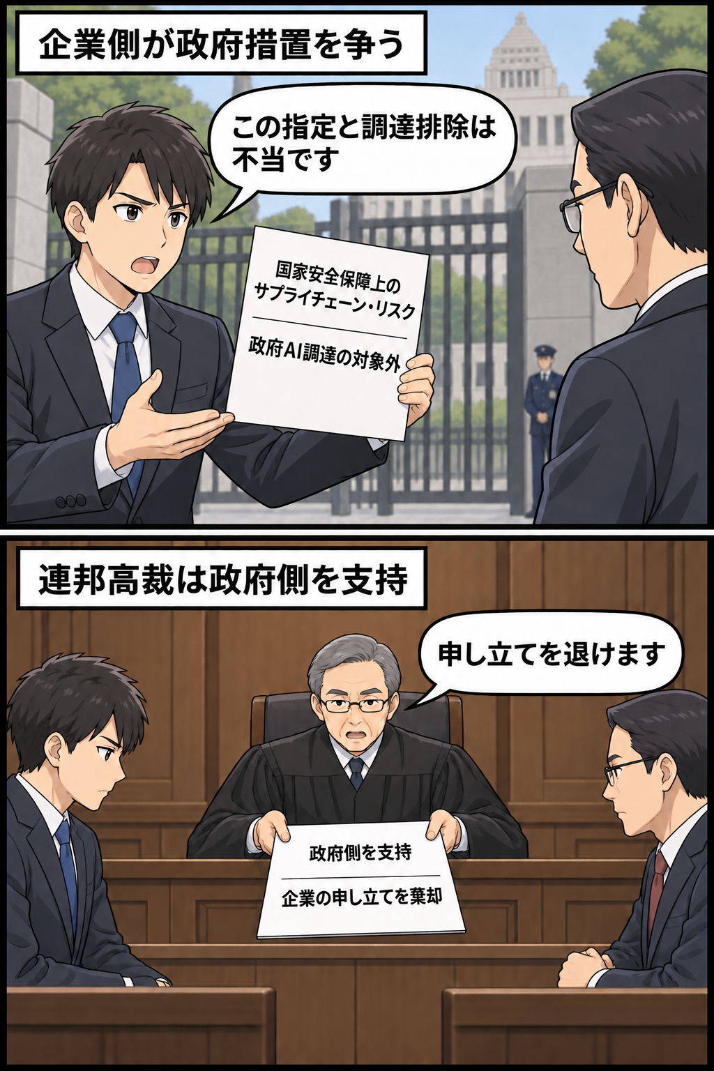 政府のAI調達から排除された企業が措置の不当性を訴えたものの、連邦高裁が政府側を支持して申し立てを退けるまでを描いた中立的な2コマ漫画。