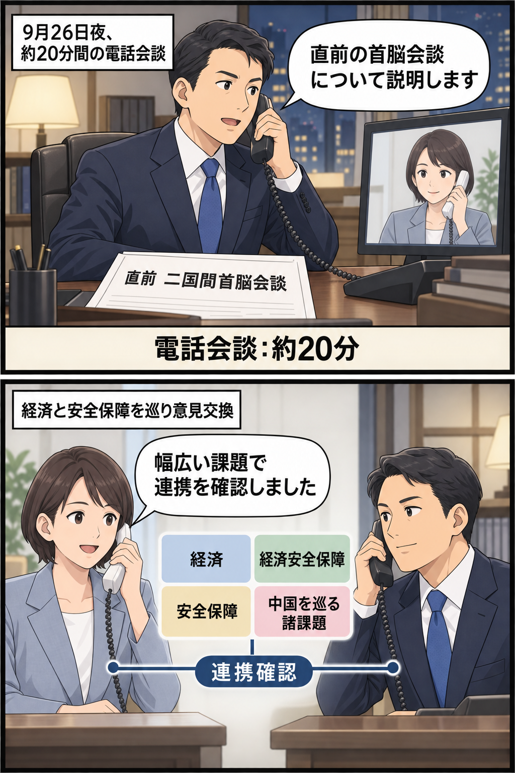 スーツ姿の男性の大統領風キャラが電話で直前の二国間首脳会談について説明し、スーツ姿の女性の首相風キャラと中国を巡る経済・安全保障上の課題を約20分間協議して連携を確認する2コマ漫画。