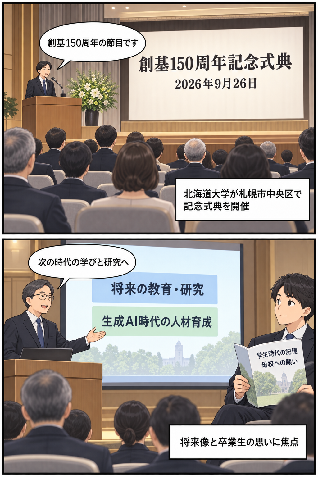 札幌市中央区で開かれた北海道大学の創基150周年記念式典と、教育・研究の将来を語る大学関係者や母校への思いを寄せる卒業生を描いた2コマ漫画。