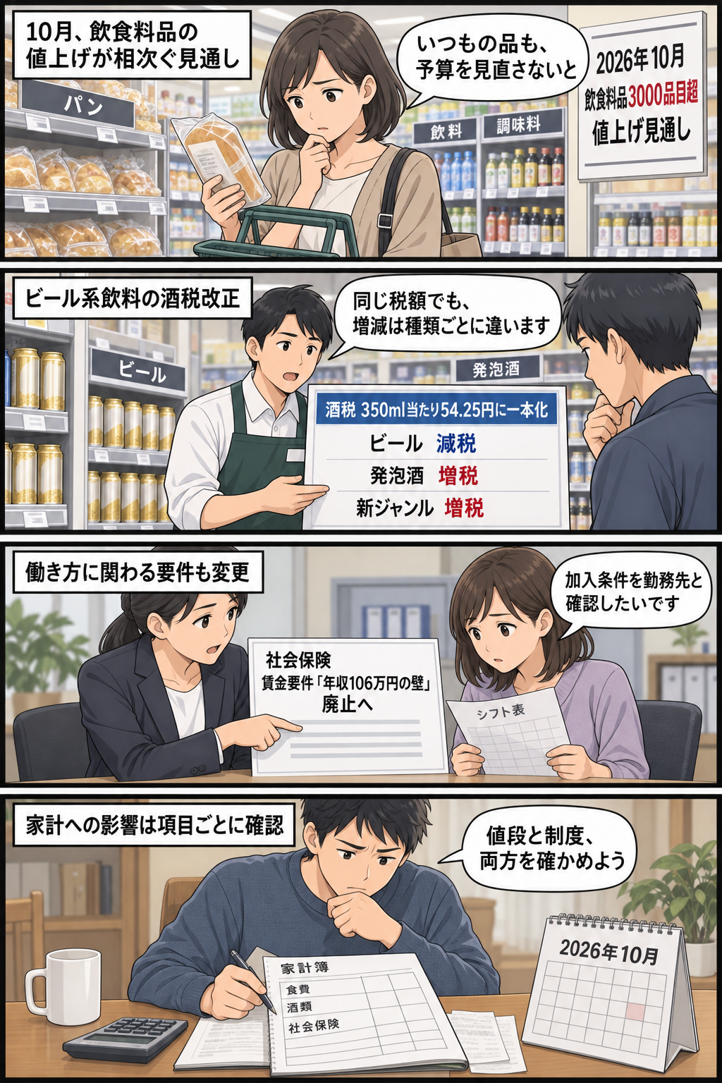 2026年10月の食品値上げ、ビール系飲料の酒税一本化、社会保険の賃金要件廃止を、家計簿を確認する生活者の視点で慎重に描いた4コマ漫画。