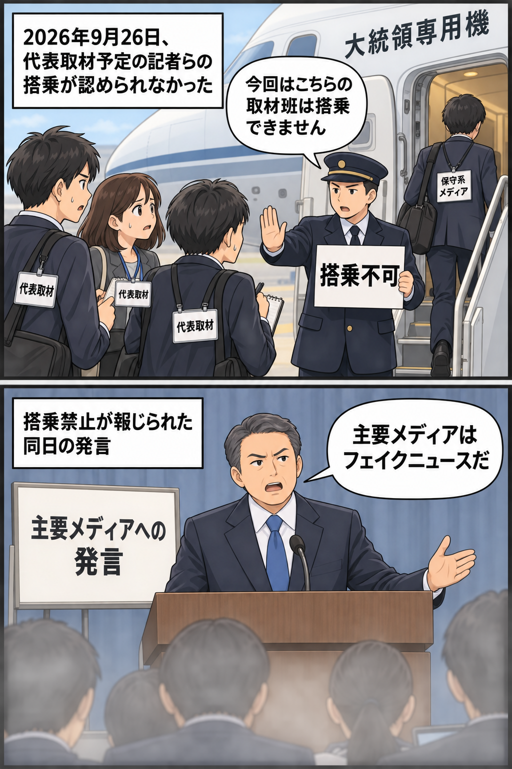 大統領専用機の搭乗口で代表取材記者が搭乗を認められず、代わりに保守系メディアの記者が搭乗する場面と、同日に男性の大統領風キャラが主要メディアをフェイクニュースとする趣旨の発言をする場面。