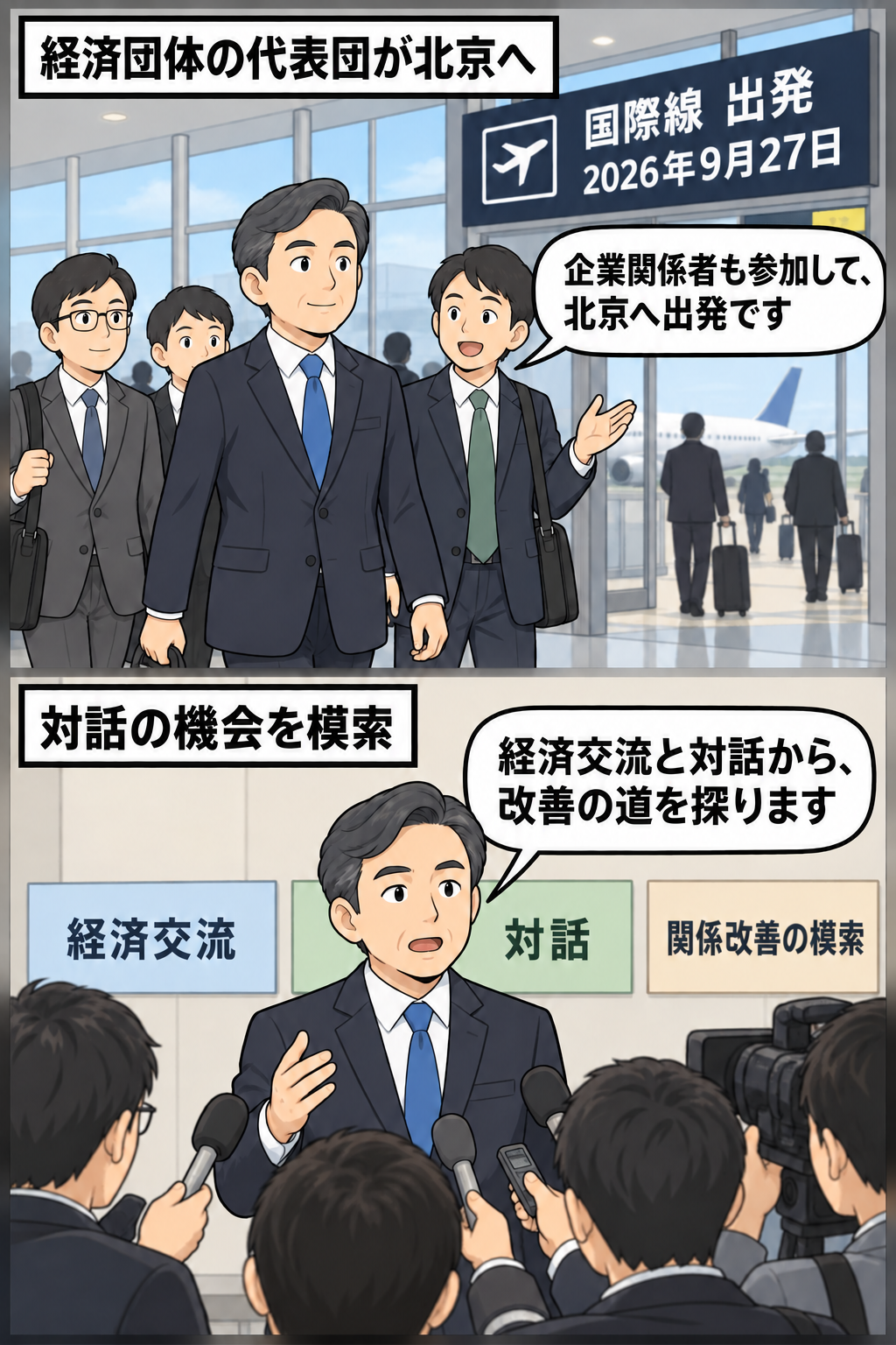 日本企業関係者を含む経済団体の代表団が2026年9月27日に北京へ向けて出発し、男性の前外相風リーダーが経済交流と対話を通じた関係改善への意向を説明する2コマ漫画。