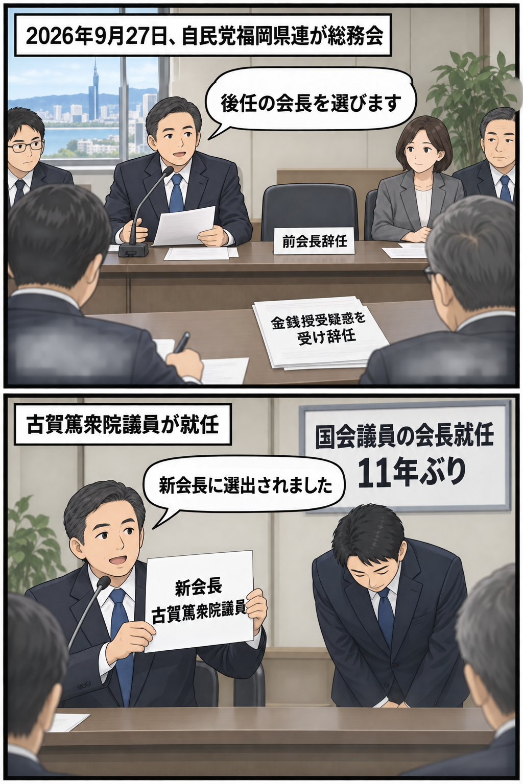 前会長の辞任を受け、自民党福岡県連の総務会で古賀篤衆院議員が新会長に選出され、国会議員の会長就任が11年ぶりとなった経緯を描く2コマ漫画。