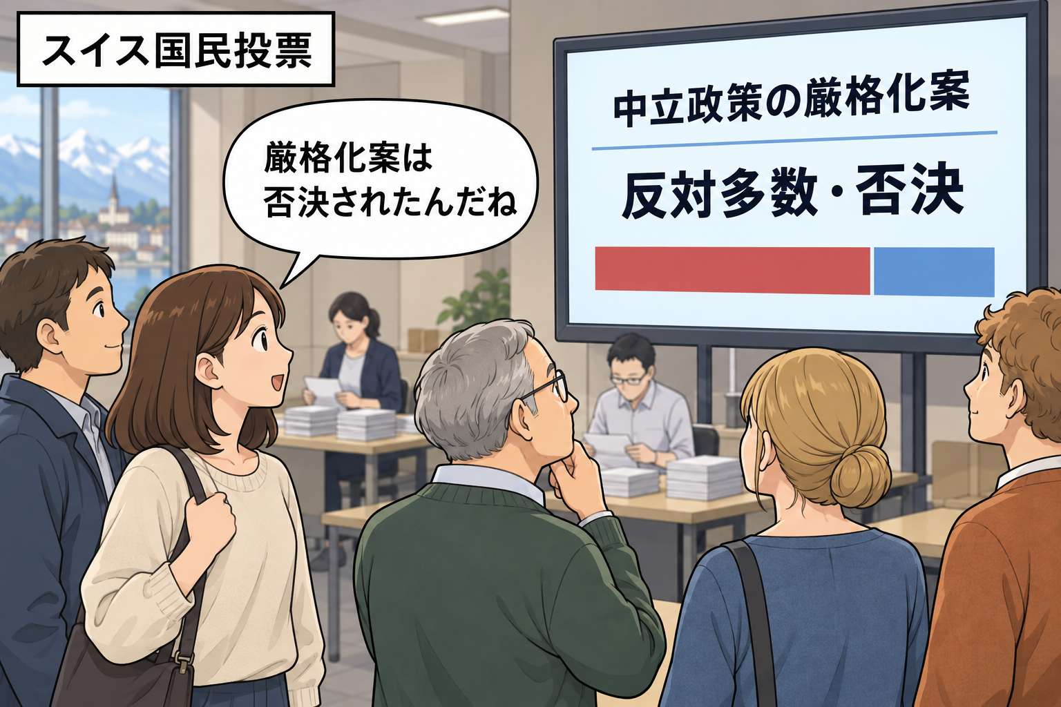 投票結果の掲示板を前に、スイスの有権者たちが中立政策の厳格化案が否決された結果を静かに確認している。