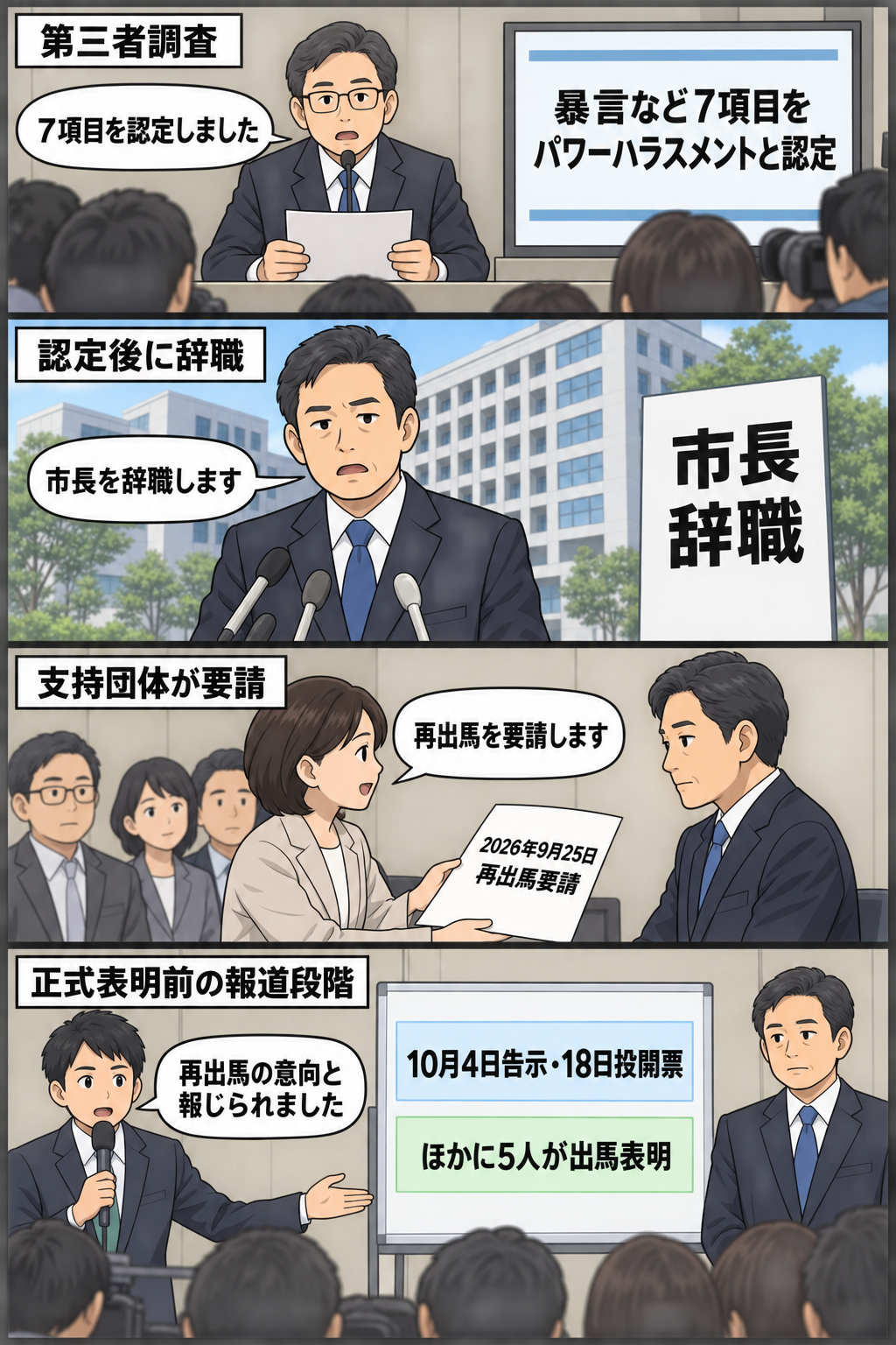 第三者調査によるパワハラ認定から市長辞職、市民団体の再出馬要請、10月の横浜市長選への出馬意向報道までを、中立的な4コマで表している。