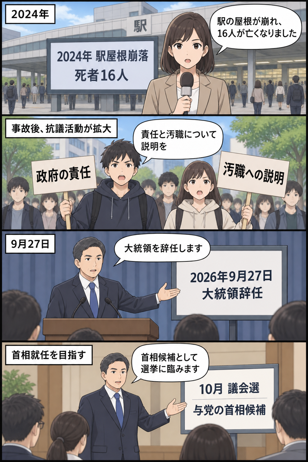 駅屋根崩落事故後に学生らの抗議が広がり、男性の大統領風キャラが辞任したうえで与党の首相候補として議会選に臨む流れを、四コマで中立的に描く。