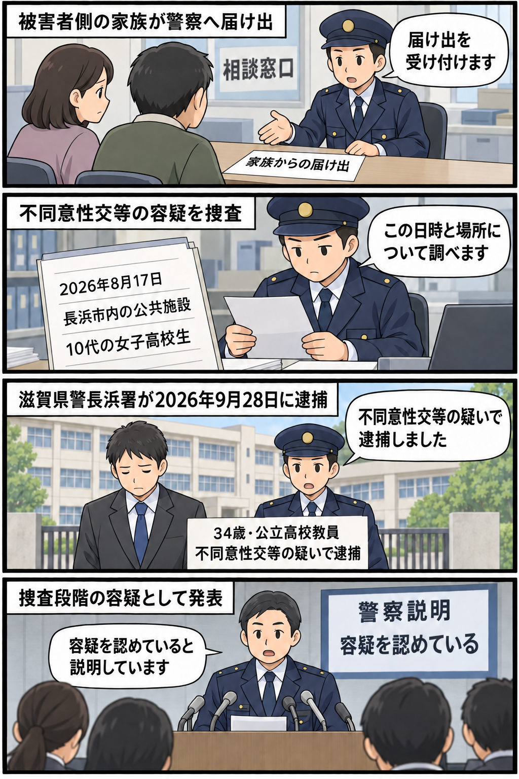 家族による警察への届け出、長浜署の捜査、34歳の公立高校教員の逮捕、容疑を認めているとの警察説明を、中立的に描いた4コマ。