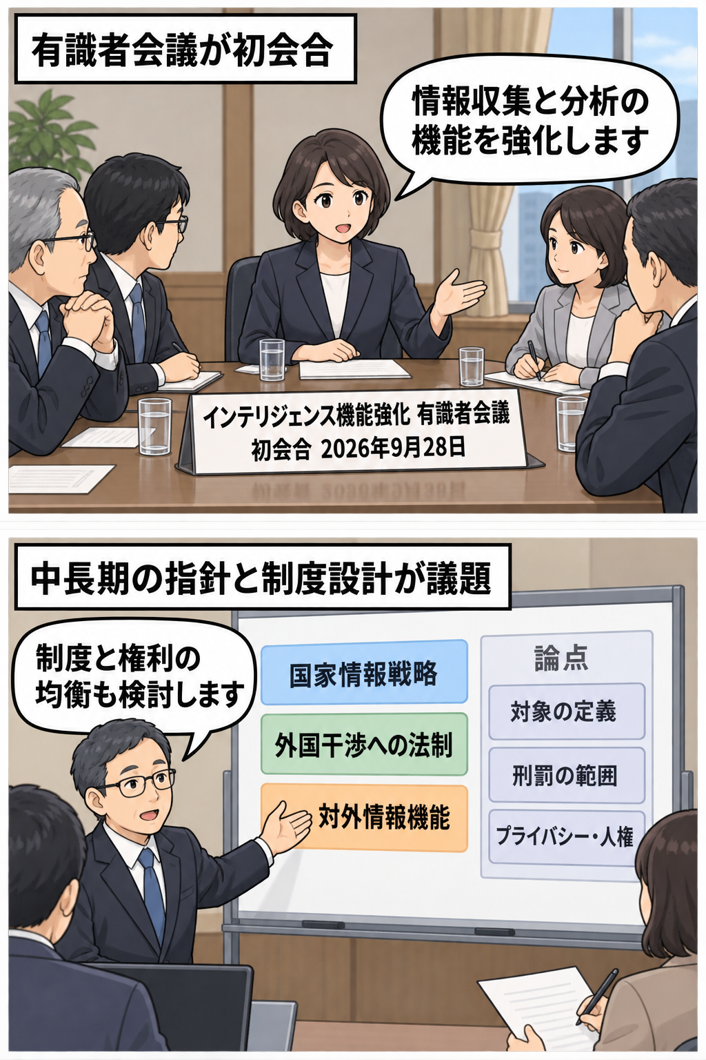 政府がインテリジェンス機能強化の有識者会議を開き、国家情報戦略や外国干渉への法制、対外情報機能について検討を始める様子を描いた2コマ漫画。