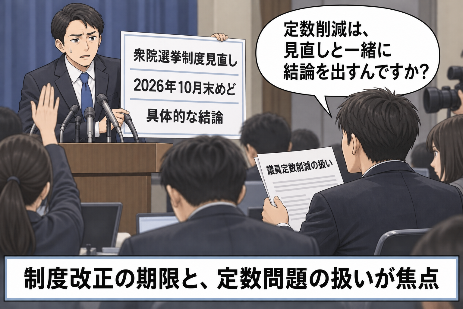 与野党協議の一般化キャラクターが衆院選挙制度の見直し期限を説明し、記者が議員定数削減の扱いを具体的に問いただす一コマ漫画。