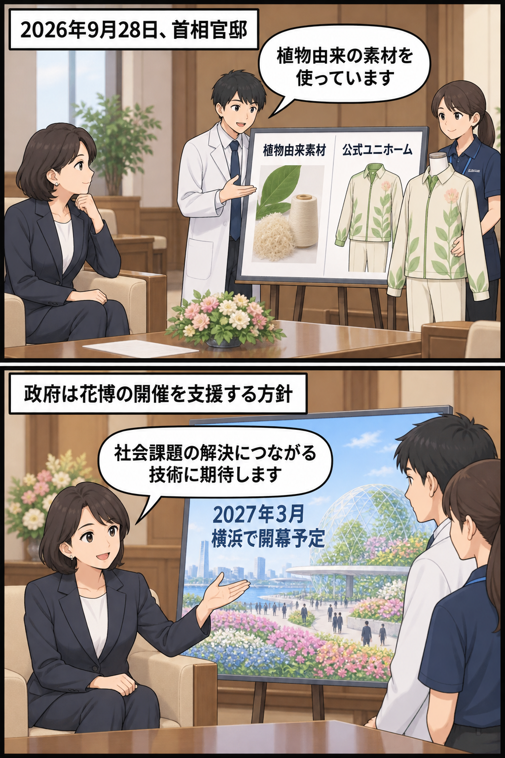首相官邸で、スーツ姿の女性の首相風キャラが花博関係者や研究者から植物由来素材の公式ユニホームについて説明を受け、続いて2027年3月の横浜花博とグリーン技術への期待を表明する2コマ漫画。