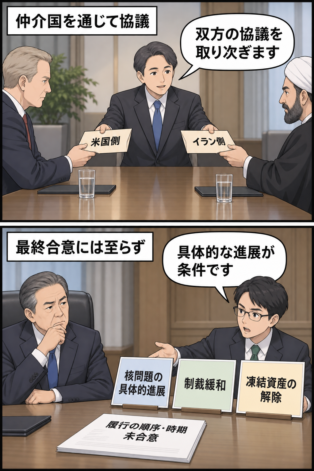 仲介役を介して米国側とイラン側が協議し、核問題の具体的進展を条件に制裁緩和や凍結資産の解除が検討される一方、履行の順序と時期が未合意であることを示す2コマ漫画。