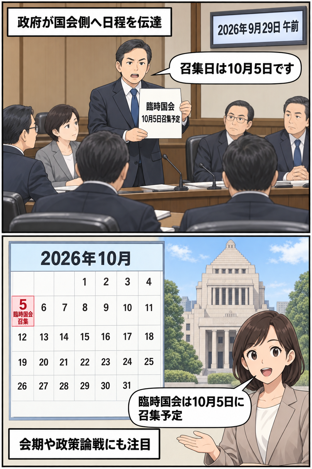 官房長官風の男性キャラが国会側へ臨時国会の日程を伝え、カレンダーで10月5日の召集予定を示す中立的な2コマ漫画。