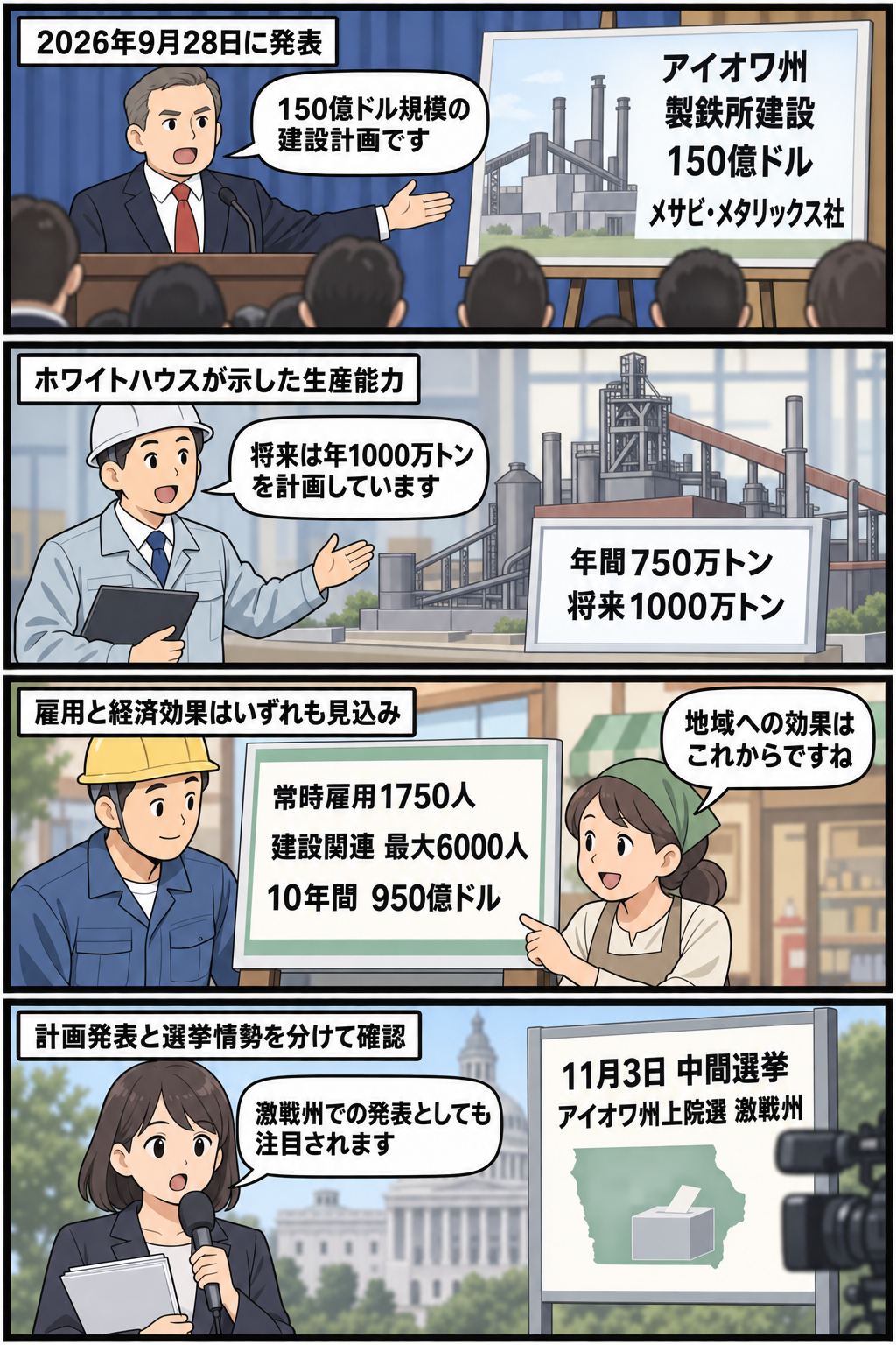 アイオワ州の製鉄所建設計画について、発表された投資額、生産能力、雇用・経済効果の見込み、上院選の情勢を中立的に伝える4コマ漫画。