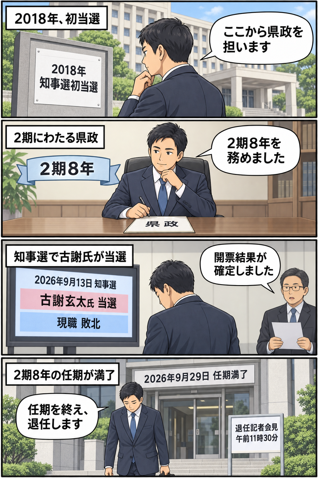 男性の知事風キャラクターが2018年の初当選から2期8年の県政を経て、2026年の知事選敗北後、任期満了の日に最後の登庁と退任会見へ向かう流れを描いた4コマ漫画。