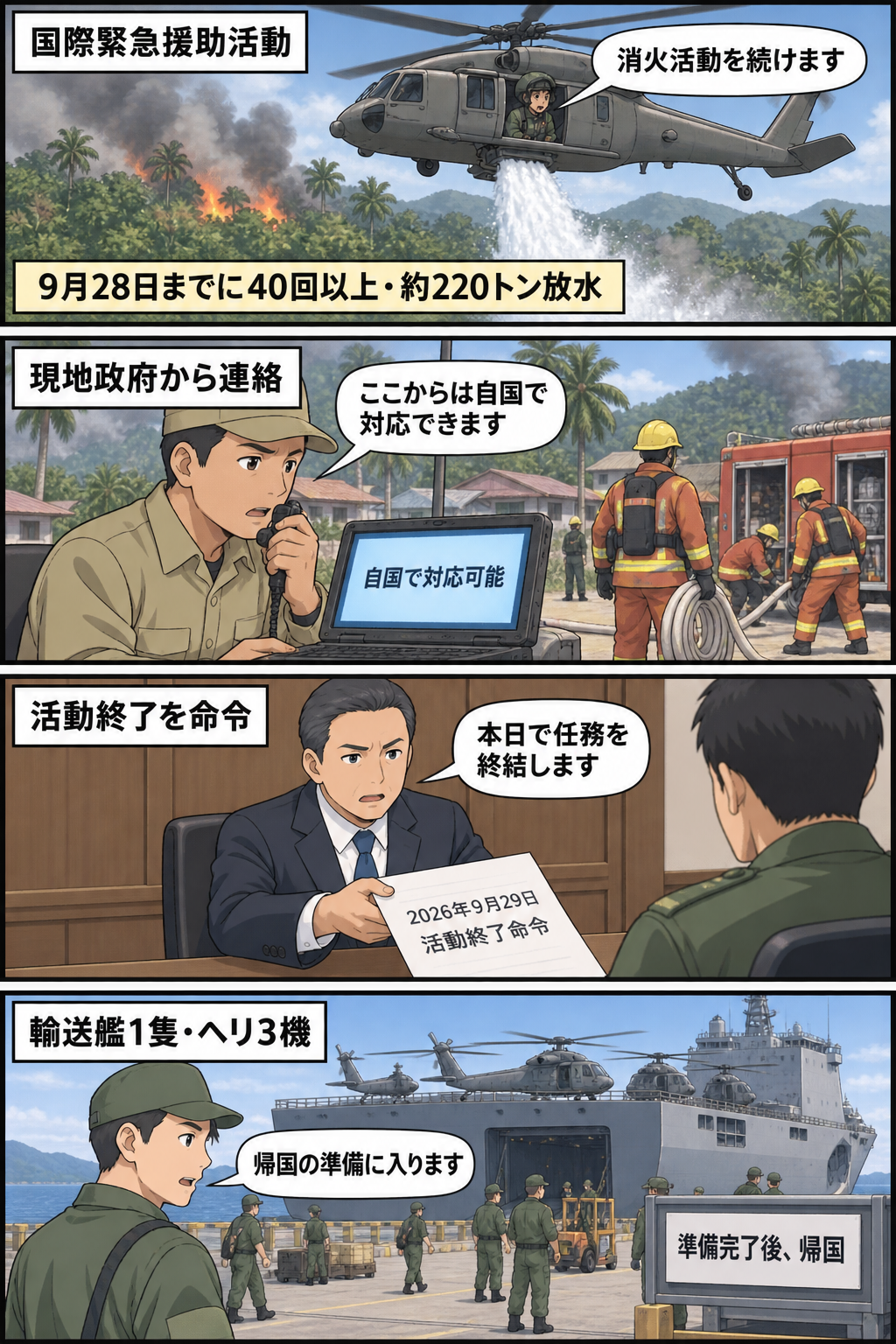 森林火災への放水活動から、現地政府の対応移行、男性の防衛相風キャラによる任務終了の伝達、ヘリコプター3機と輸送艦の帰国準備までを中立的に描く4コマ漫画。