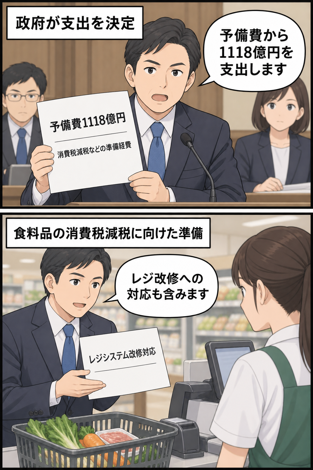 政府が予備費1118億円の支出を決め、その準備経費に食料品の消費税減税に伴うレジシステム改修対応が含まれることを説明する2コマ漫画。