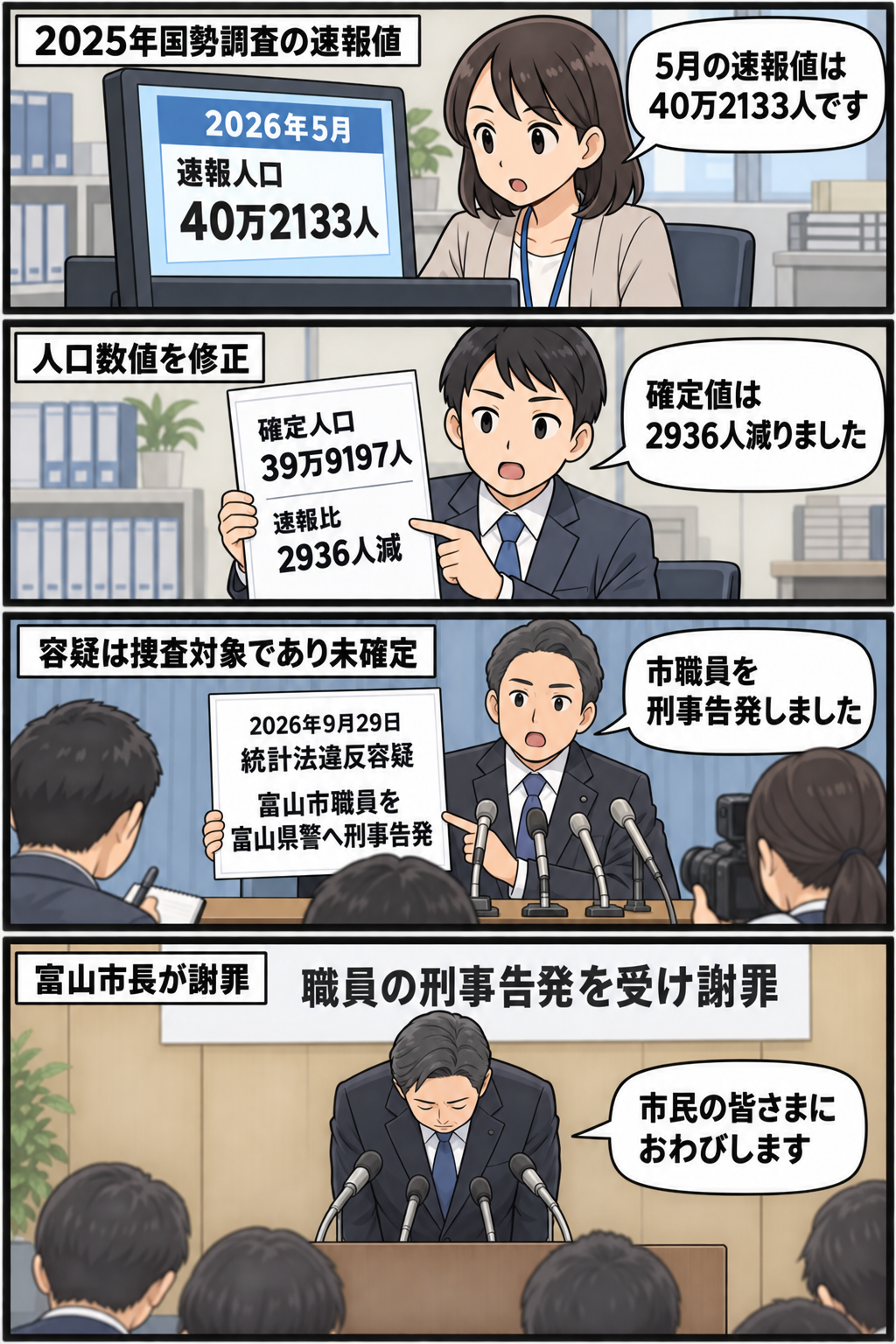富山市の国勢調査人口が速報値から2936人減って確定し、総務省が市職員を刑事告発、市長が謝罪した経緯を中立的に描く4コマ漫画。