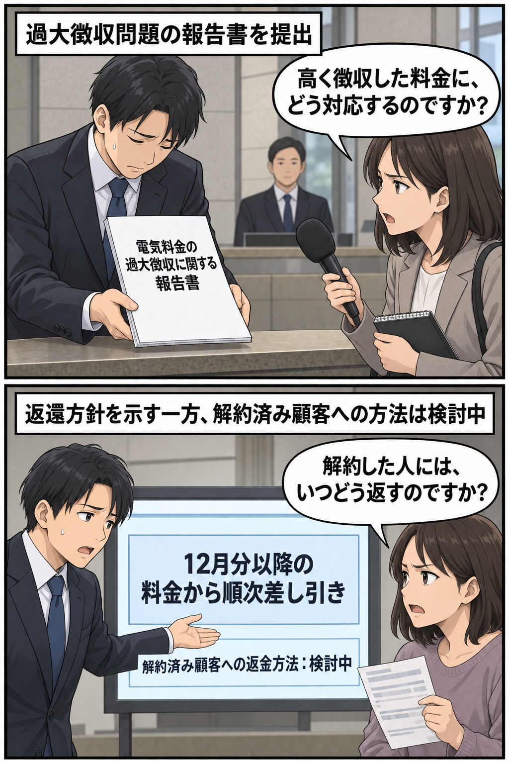 中部電力系の会社担当者が過大徴収に関する報告書を提出し、記者から対応を問われる場面と、今後の料金からの差し引き返還を説明する一方で、解約済み顧客への返金方法が検討中であることを示す二コマ漫画。