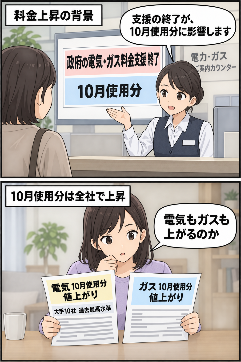 政府の料金支援終了が案内された後、生活者が10月使用分の電気・ガス料金の値上がりを確認する2コマ漫画。