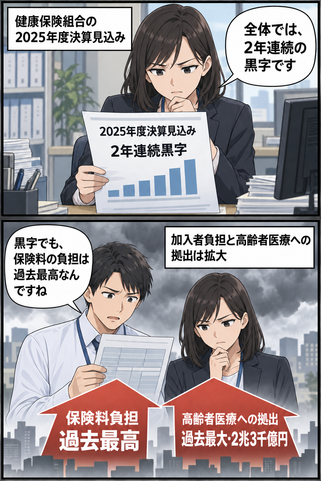 健康保険組合の収支が2年連続で黒字となる一方、会社員の保険料負担と高齢者医療への拠出が過去最大となった状況を慎重な表情で描く2コマ漫画。