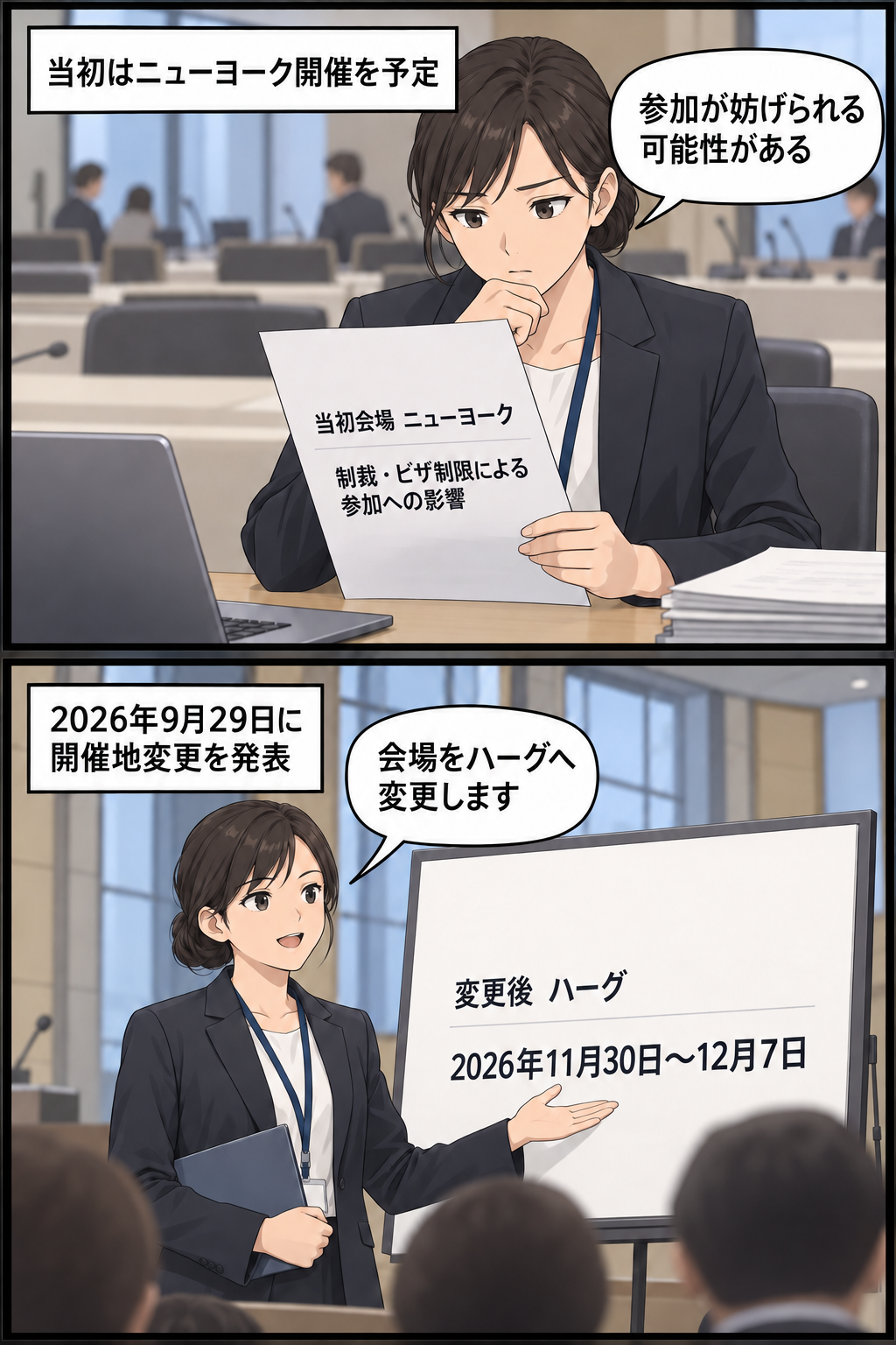 国際会議の事務局が、制裁やビザ制限による参加への影響を踏まえ、会場をニューヨークからハーグへ変更し、開催日程を確認する2コマ漫画。