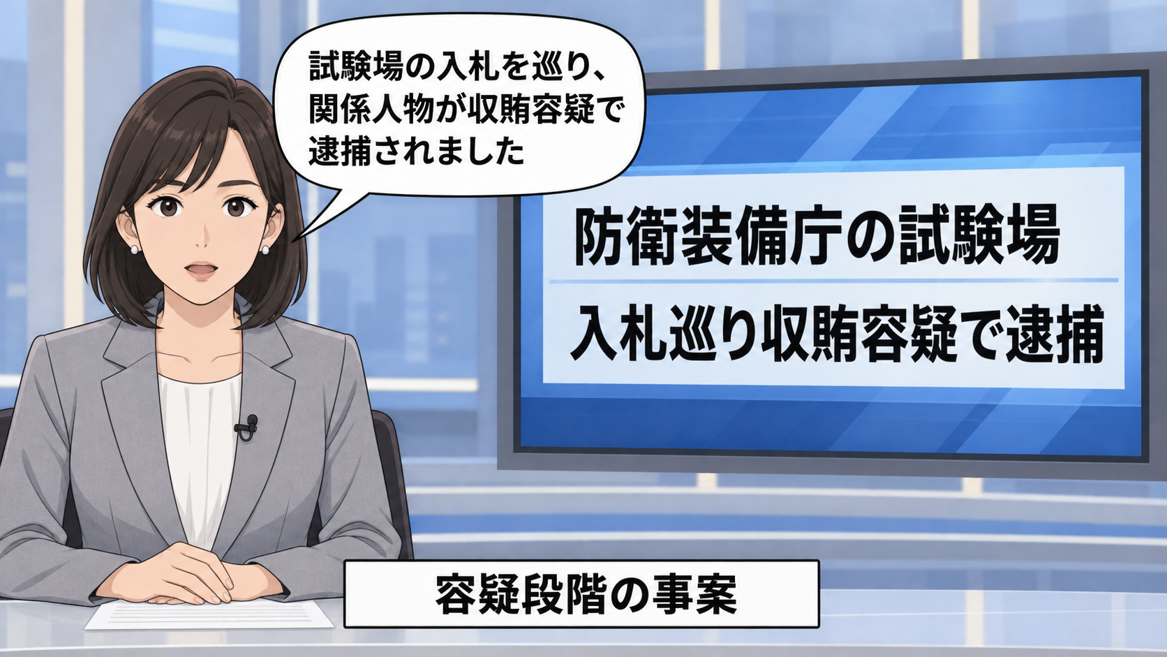 ニューススタジオで、一般化されたアナウンサーが、防衛装備庁の試験場に関する入札を巡り、関係人物が収賄容疑で逮捕されたと伝えている。