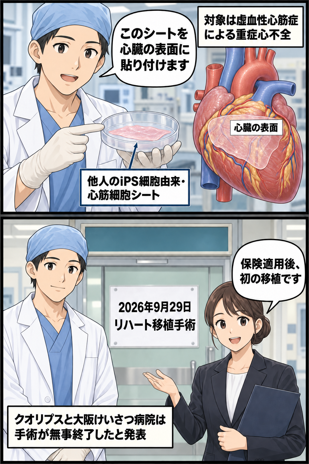 iPS細胞由来の心筋細胞シートを心臓の表面に貼る治療の仕組みと、公的医療保険の適用後初となる移植手術が無事終了したことを伝える2コマ漫画。