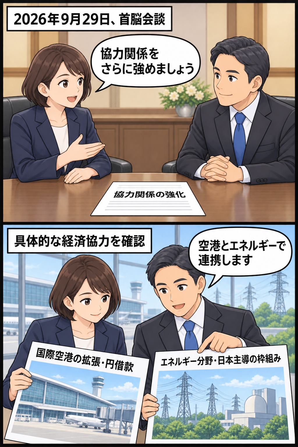 スーツ姿の女性の首相風キャラと男性の首相風キャラが協力強化を確認し、続いて空港拡張支援とエネルギー連携の資料を確認する中立的な2コマ漫画
