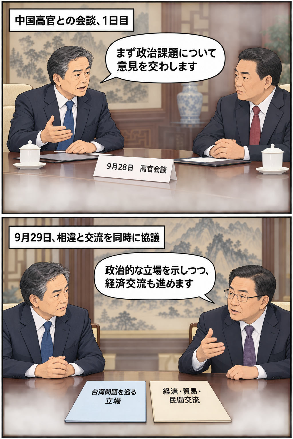 貿易促進団体を率いる男性の元外相風キャラが、2日連続で中国高官を表す一般化キャラと会談し、台湾問題を巡る立場と経済・民間交流について意見を交わす中立的な2コマ漫画。