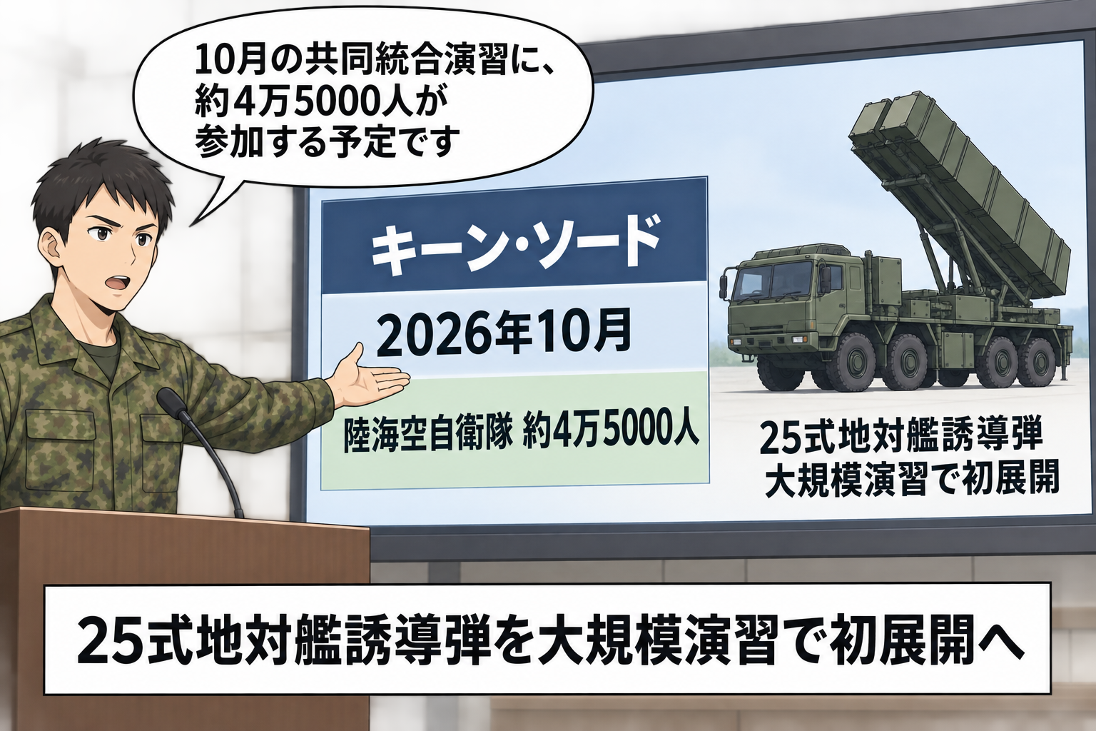 制服姿の担当者が、2026年10月の日米共同統合演習「キーン・ソード」と約4万5000人の参加予定、25式地対艦誘導弾の大規模演習への初展開を説明している。