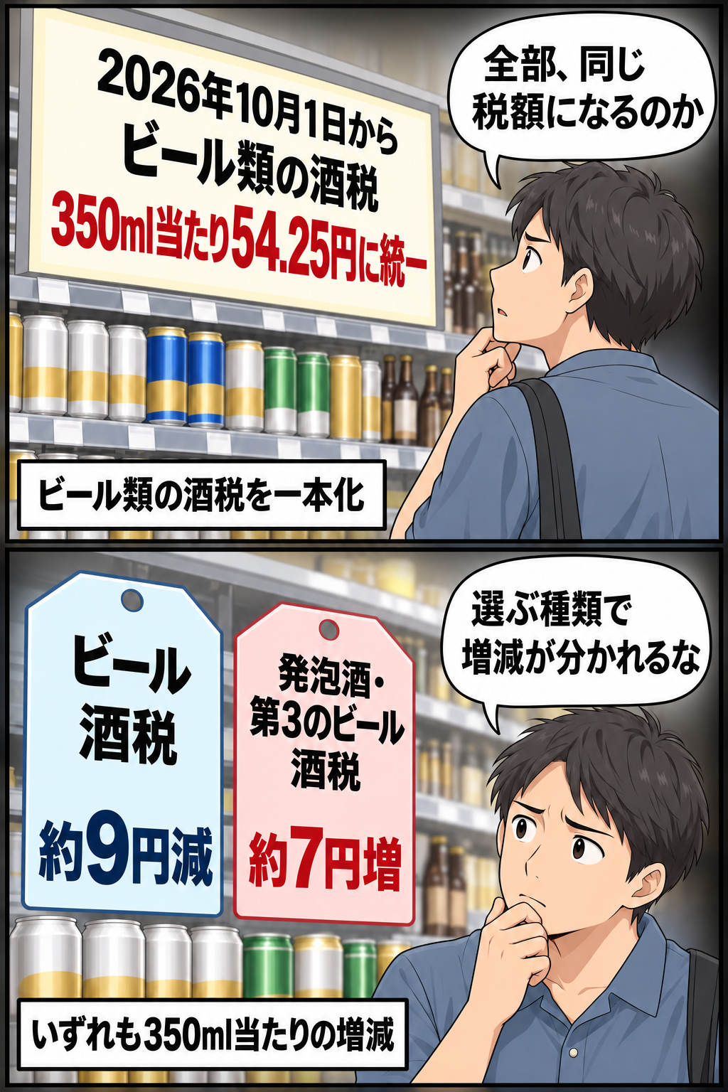 2026年10月1日の酒税一本化を知らせる売り場で、買い物客がビールの減税と発泡酒・第3のビールの増税を慎重な表情で確認する2コマ漫画。