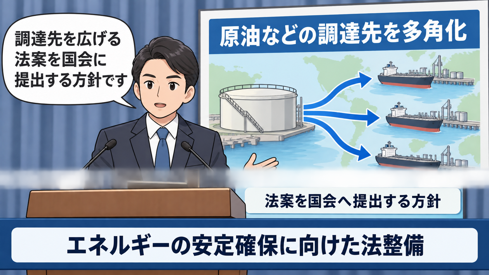 政府担当者風の一般化キャラが、複数の原油輸送ルートを示す図の前で、調達先の多角化に向けた法案提出方針を説明している。